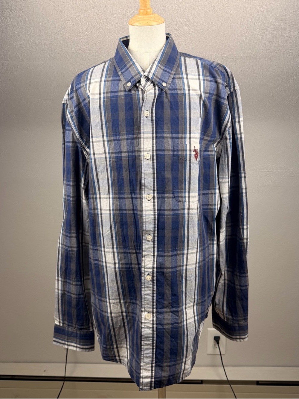 NWT U.S. Polo Assn. Blue and White Plaid Button-Down Shirt